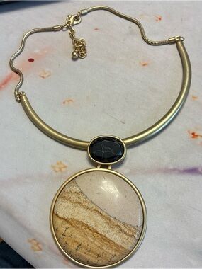 Large Jasper Pendant Choker Necklace 13”-17” Gold Tone Statement